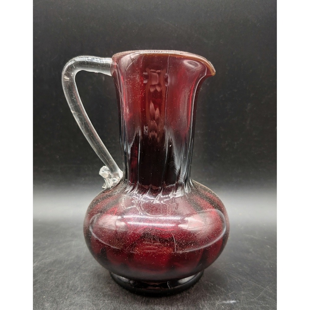 Vintage Ruby Red Optic Rib Art Glass Pitcher Clear Applied Handle UV Glow 7"
